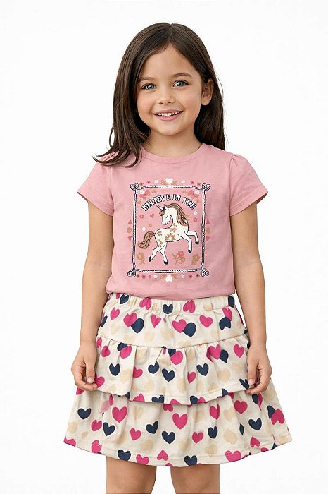 CONJ MENINA WONDER NATION CAMISETA UNICÓRNIO SAIA CORAÇÕES