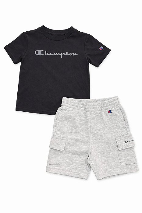 CONJ MENINO CHAMPION 2 PÇS CAMISETA PRETA BERMUDA CINZA