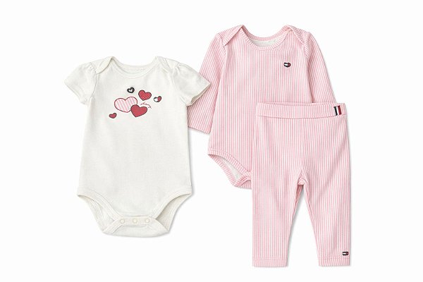 KIT 3 PÇS MENINA TOMMY HILFIGER BODY BEGE CORAÇÃO ROSA LISTRAS MANGA LONGA