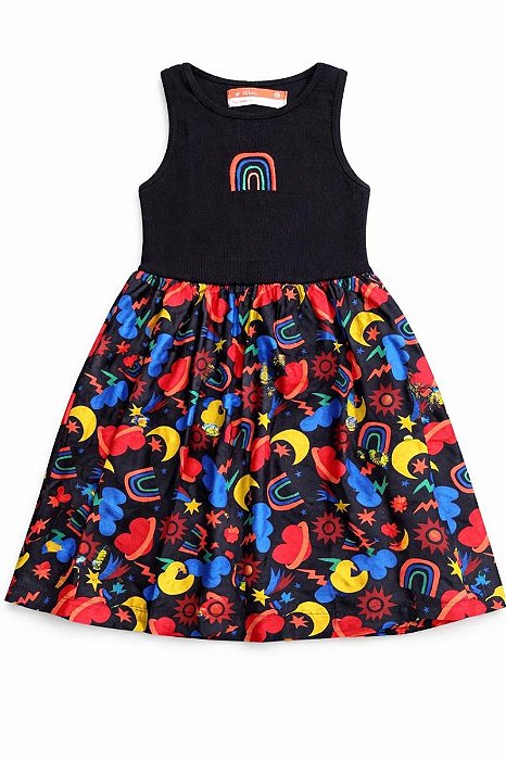 VESTIDO INFANTIL FABULA PRETO ESTAMPADO COLORIDO