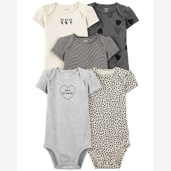 KIT 5 BODYS MENINA CARTERS PRETO BEGE E CINZA FLORAL