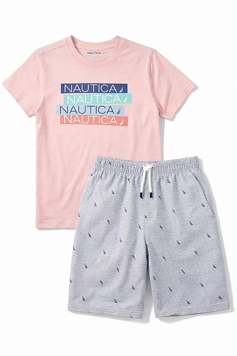 CONJ 2 PÇS MENINO NAUTICA CAMISETA ROSA BERMUDA LISTRAS