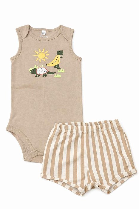 CONJ 2 PÇS MENINO OKIE DOKIE BODY BEGE DINO BERMUDA LISTRAS