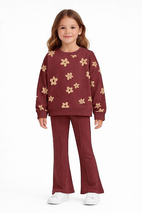 CONJUNTO MENINA NACIONAL MOLETOM MARROM FLOR