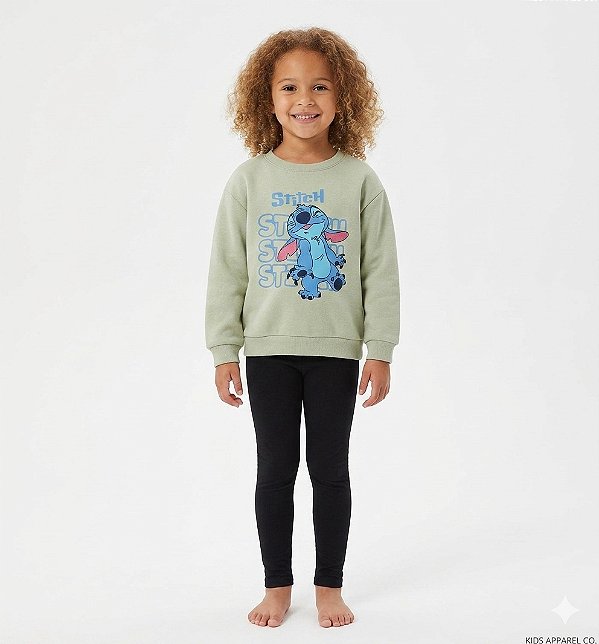CONJUNTO BLUSA MOLETOM VERDE STITCH E LEGGING PRETA - NACIONAL