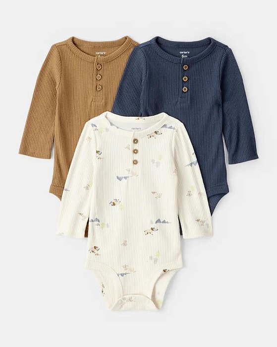 KIT BODY 3 PÇS CARTERS CANELADO BOTÃO