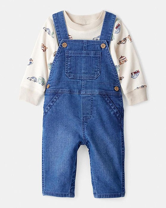 JARDINEIRA MENINO CARTERS JEANS COM CAMISETA BEGE TRANSPORTES