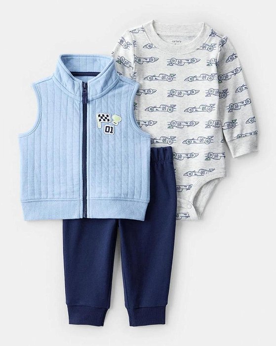 CONJ 3 PÇS MENINO CARTERS COLETE AZUL BANDEIRA - BODY E CALÇA MOLETOM