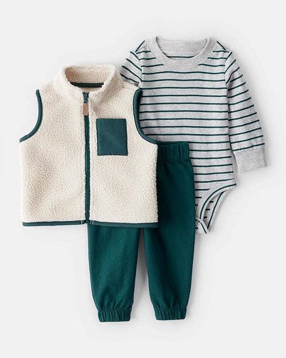 CONJ 3 PÇS MENINO CARTERS COLETE SHERPA BEGE BOLSO VERDE CALÇA E BODY