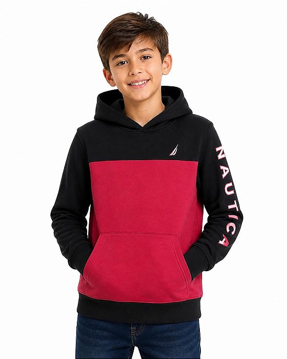 BLUSA MOLETOM MENINO NAUTICA VERMELHA E PRETO COM CAPUZ