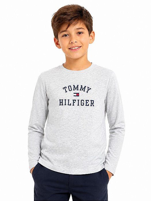 CAMISETA MENINO TOMMY HILFIGER CINZA LOGO MANGA LONGA