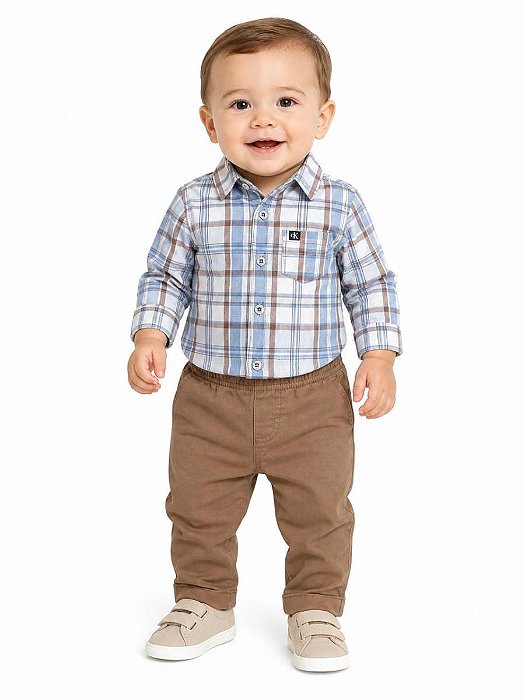 CONJ 2 PÇS MENINO CALVIN KLEIN CAMISA XADREZ E CALÇA SARJA MARROM