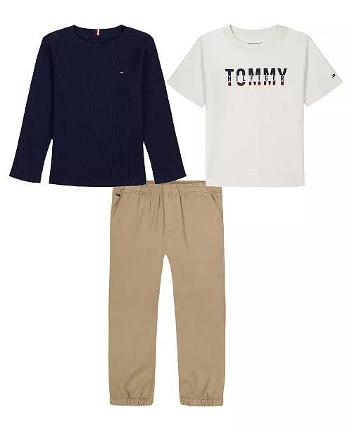 CONJ 3 PÇS MENINO TOMMY HILFIGER CAMISETA AZUL MANHA LONGA CALÇA SARJA BEGE
