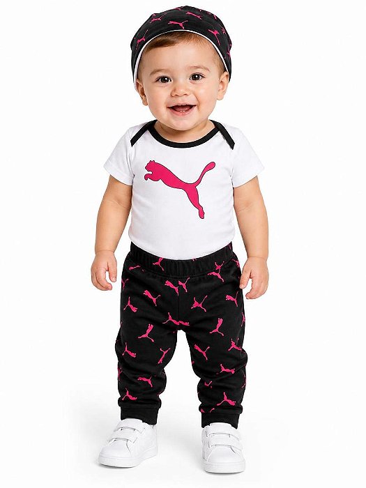 CONJ 3 PÇS MENINO PUMA BODY BRANCO COM CALÇA E TOUCA