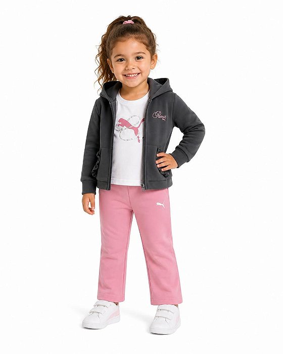 CONJ 3 PÇS MENINA PUMA JAQUETA CHUMBO DRY FIT COM LEGGING ROSA E CAMISETA