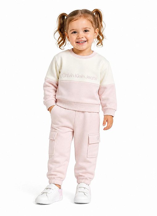 CONJ 2 PÇS MENINA CALVIN KLEIN MOLETOM FORRADO FLEECE ROSA E OFF
