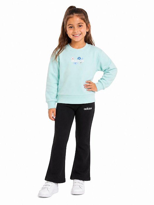 CONJ 2 PÇS MENINA ADIDAS MOLETINHO VERDE LEGGING FLARE CANELADA CHUMBO