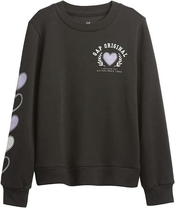 BLUSA MOLETOM MENINA GAP PRETA LOGO LILÁS CORAÇÃO FORRADA FLEECE
