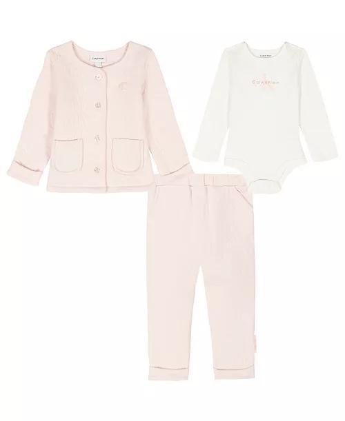 CONJ 3 PÇS MENINA CALVIN KLEIN CARDIGAN ROSA CALÇA E BODY