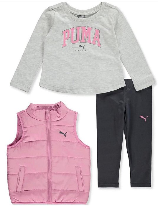 CONJ 3 PÇS MENINA PUMA COLETE ROSA LEGGING E CAMISETA CINZA