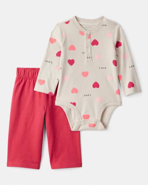CONJ 2 PÇS MENINA CARTERS BODY BEGE CORAÇÃO CALÇA VERMELHA