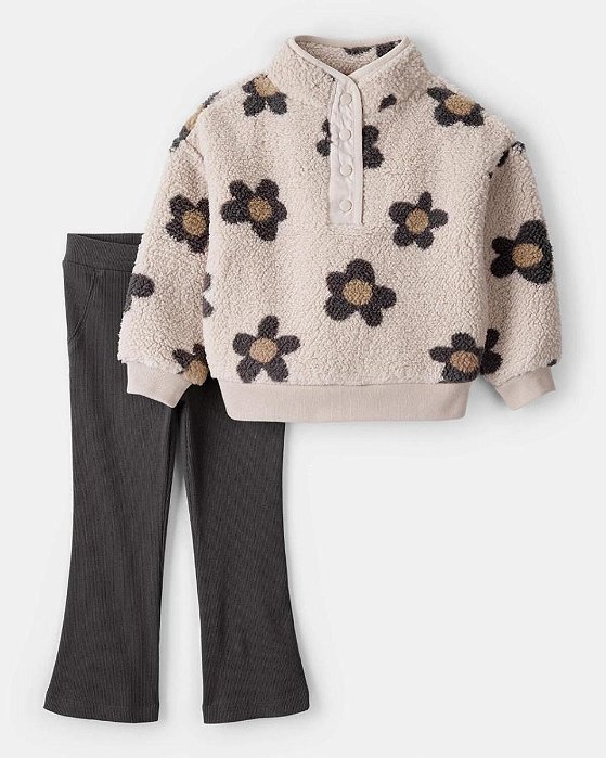 CONJ 2 PÇS MENINA CARTERS BLUSA SHERPA BEGE FLORES BOTÃO COM LEGGING