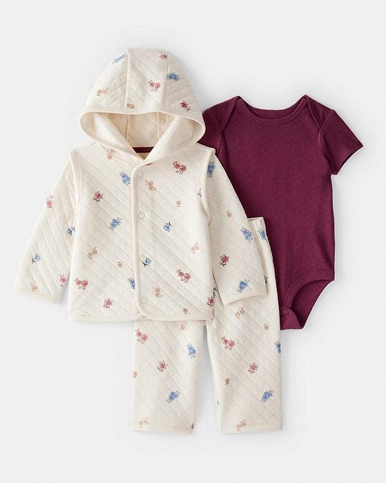 CONJ 3 PÇS MENINA CARTERS JAQUETA E CALÇA BEGE FLOR BODY BORDÔ
