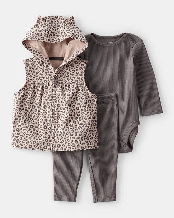 CONJ 3 PÇS MENINA CARTERS COLETE LEOPARDO BODY E CALÇA CANELADO