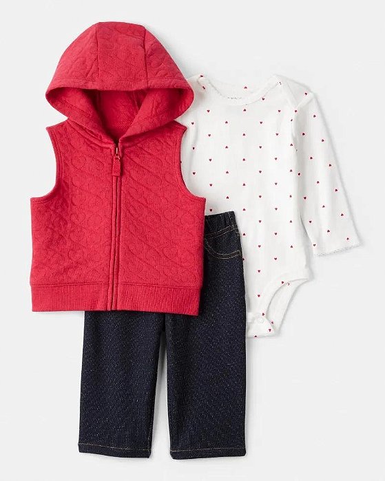 CONJ 3 PÇS MENINA CARTERS COLETE MOLETINHO GORRO VERMELHO