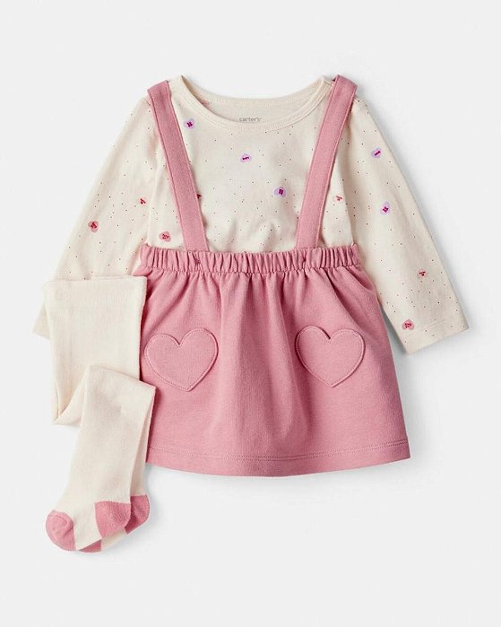 SALOPETE MENINA CARTERS ROSA ALGODÃO CAMISETA E MEIA CALÇA