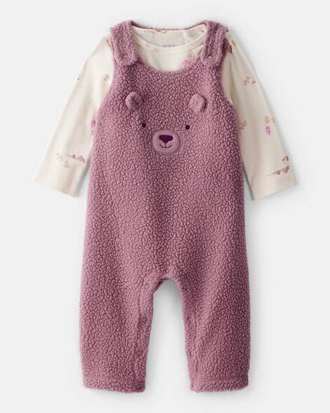 JARDINEIRA MENINA CARTERS SHERPA ROXO URSO COM CAMISETA MANGA LONGA