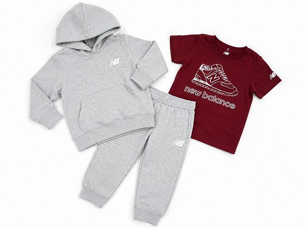 CONJ 3 PÇS MENINO NEW BALANCE MOLETOM E CALÇA CINZA CAMISETA BORDO