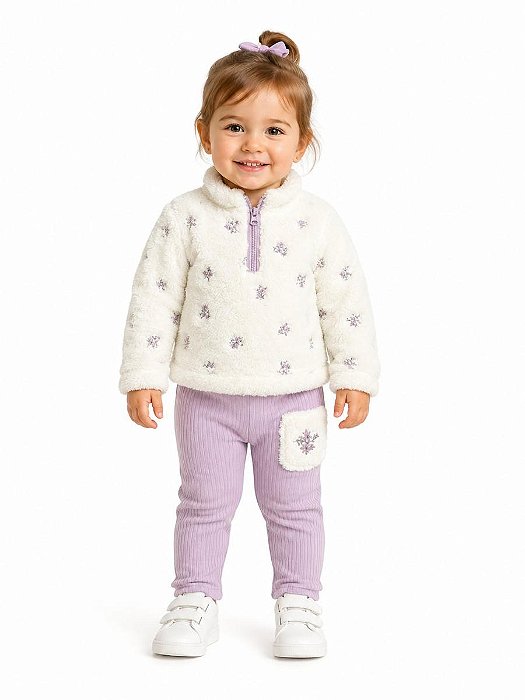 CONJ 2 PÇS MENINA NICOLE MILLER BLUSA SHERPA BEGE CALÇA LILÁS