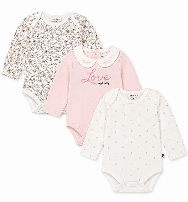 KIT 3 BODYS MENINA RABBIT BEAR BODY FLORAL MANGA LONGA
