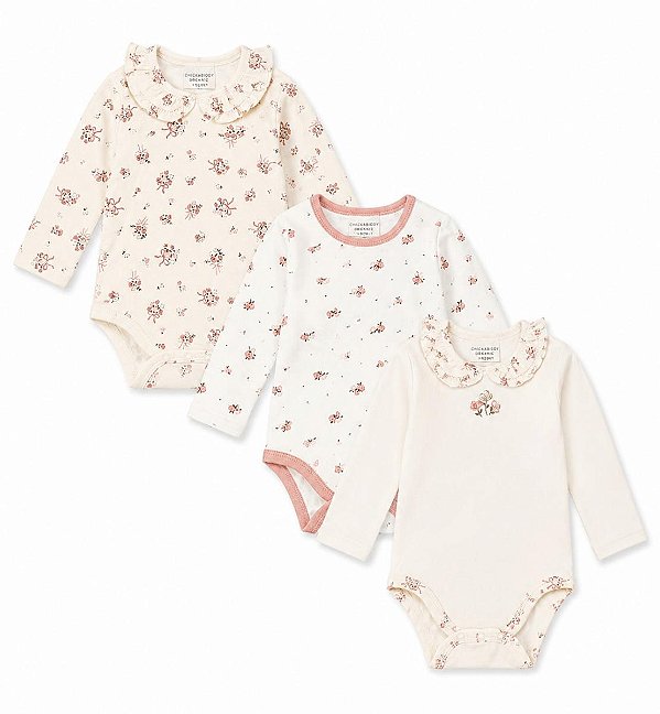 KIT 3 BODYS MENINA CHICK PEA BEGE GOLA FLORAL