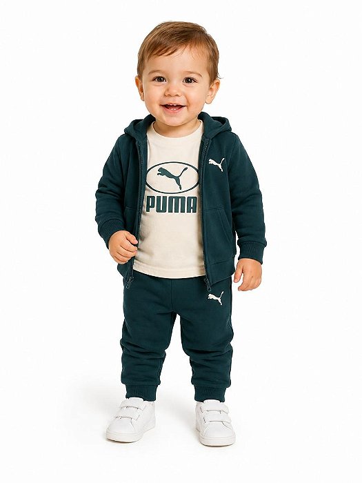 CONJ 3 PÇS MENINO PUMA VERDE JAQUETA E CALÇA MOLETOM COM CAMISETA