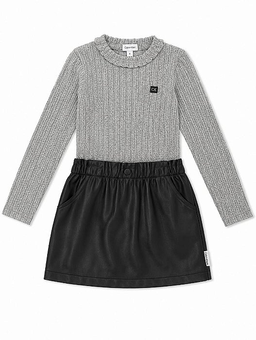 CONJ 2 PÇS MENINA CALVIN KLEIN SAIA PRETA COURINO COM CAMISETA