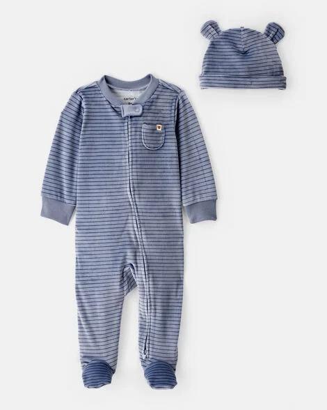 MACACÃO BEBE CARTERS VELUDO LISTRADO COM PÉZINHO