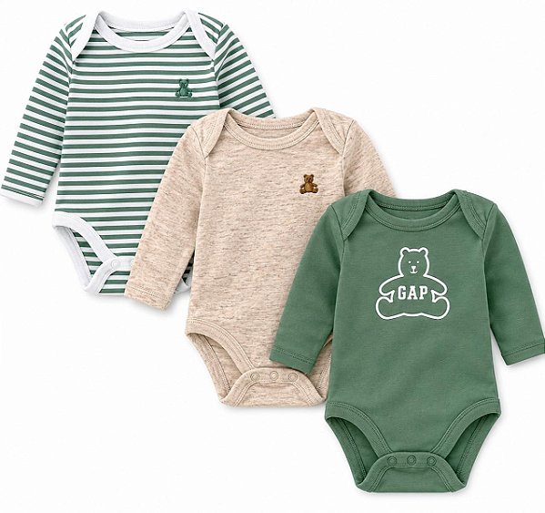 KIT 3 BODYS MANGA LONGA BABY GAP VERDE URSO