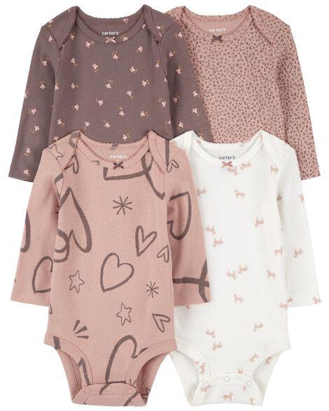 KIT 4 BODYS MENINA CARTERS MARROM FLOR MANGA LONGA