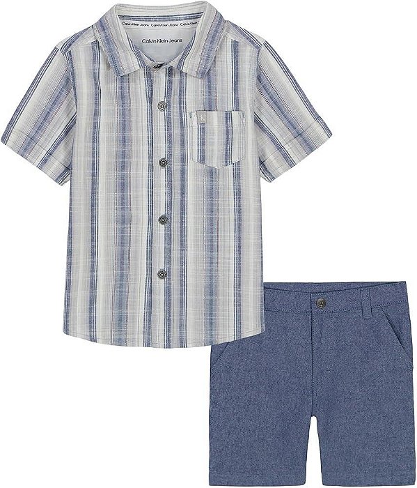 CONJ 2 PÇS CALVIN KLEIN CAMISA LISTRAS E BERMUDA