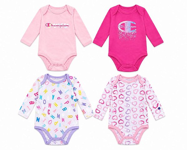 KIT 4 BODYS MENINA CHAMPION CORAÇÃO ROSA
