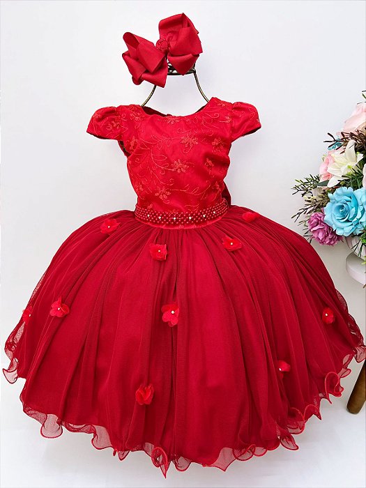 Vestido Infantil Dama Honra Vermelho Casamentos Renda Pérola