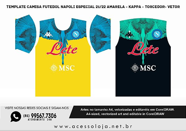 Template Camisa Futebol Napoli Especial 21/22 Amarela - Kappa - Torcedor- Vetor