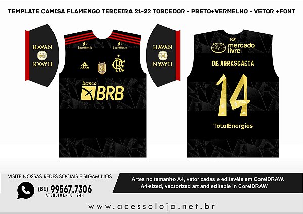 Template Camisa Flamengo Terceira 21-22 Torcedor - Preto+Vermelho - Vetor +Font