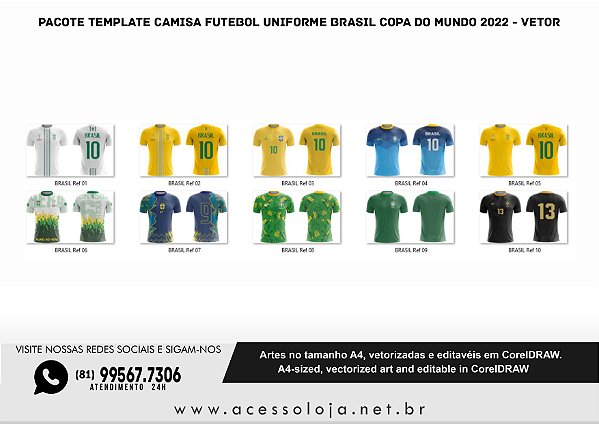PACOTE TEMPLATE Camisa Futebol UNIFORME BRASIL COPA DO MUNDO 2022 - Vetor