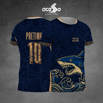Template Camisa - Tubarão ondas azul padrão 25 - Vetor