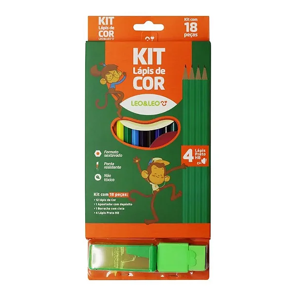 Kit Lápis de Cor 12 Cores + 4 Lápis + 1 Borracha + 1 Apontador