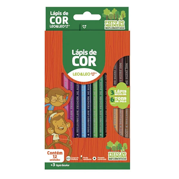 Lápis de Cor de Madeira 12 Cores + 3 Bicolors Tons de Pele