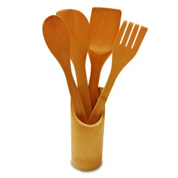 Kit 5 Talheres De Bambú C/Suporte